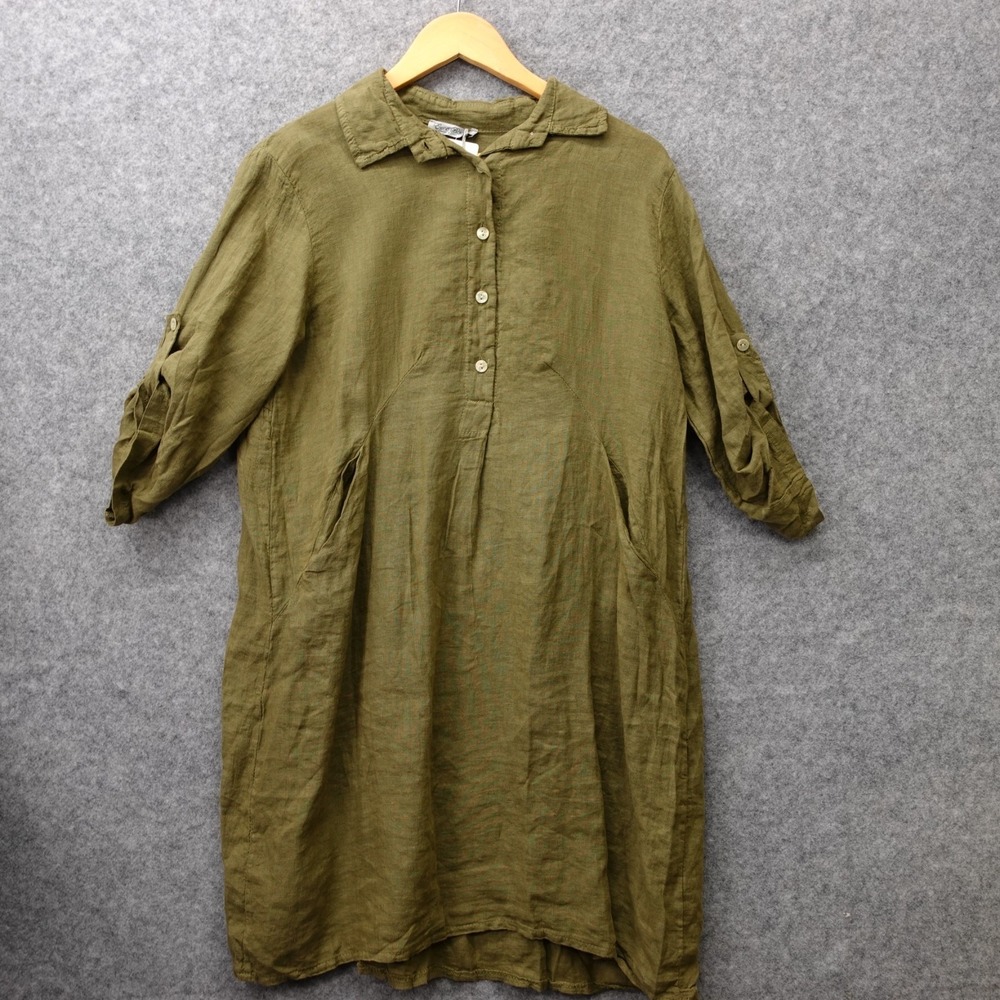 Elena Baldi European Linen Tunic Dress L Army Green Shift Summer Italy Italian